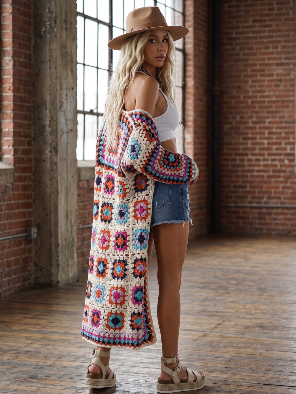 NWT POL Granny Tile Crochet Multi Colored Knit Long Duster Cardigan Sweater